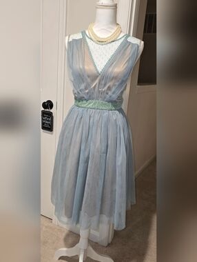 Powder Blue Sheer Tulle Cocktail Dress with Velvet Waistband Tan Underslip Large